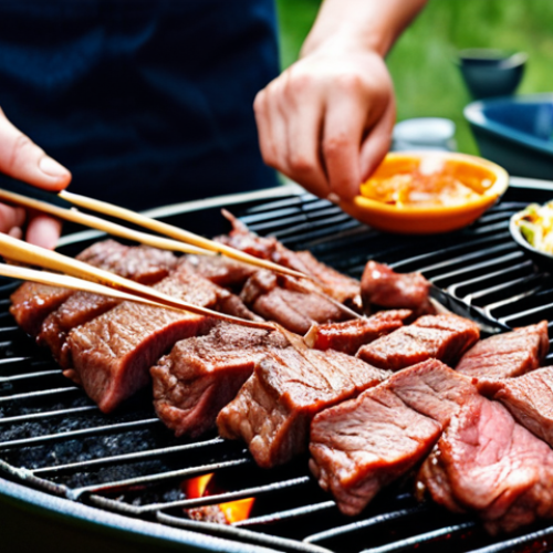 **Bulgogi grilling outdoors:** A vibrant image of thinly sliced marinated beef (bulgogi) being grilled on a barbecue during a summer evening in Sweden. Friends are gathered around, enjoying the atmosphere.