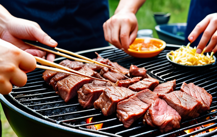 **Bulgogi grilling outdoors:** A vibrant image of thinly sliced marinated beef (bulgogi) being grilled on a barbecue during a summer evening in Sweden. Friends are gathered around, enjoying the atmosphere.