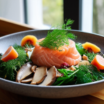 A beautifully plated, modern Korean-Swedish fusion dish. Imagine a vibrant Bibimbap bowl, but instead of traditional beef, it's topped with delicate slices of lightly smoked Swedish salmon and wild forest mushrooms. Fresh dill sprigs or a sprinkle of lingonberries add a Nordic touch. The setting is a cozy, contemporary Swedish kitchen or restaurant with natural light, emphasizing a harmonious blend of cultures. High-resolution, culinary photography style, inviting and colorful.