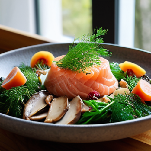 A beautifully plated, modern Korean-Swedish fusion dish. Imagine a vibrant Bibimbap bowl, but instead of traditional beef, it's topped with delicate slices of lightly smoked Swedish salmon and wild forest mushrooms. Fresh dill sprigs or a sprinkle of lingonberries add a Nordic touch. The setting is a cozy, contemporary Swedish kitchen or restaurant with natural light, emphasizing a harmonious blend of cultures. High-resolution, culinary photography style, inviting and colorful.