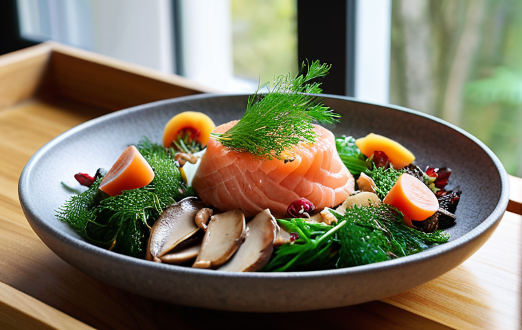 A beautifully plated, modern Korean-Swedish fusion dish. Imagine a vibrant Bibimbap bowl, but instead of traditional beef, it's topped with delicate slices of lightly smoked Swedish salmon and wild forest mushrooms. Fresh dill sprigs or a sprinkle of lingonberries add a Nordic touch. The setting is a cozy, contemporary Swedish kitchen or restaurant with natural light, emphasizing a harmonious blend of cultures. High-resolution, culinary photography style, inviting and colorful.