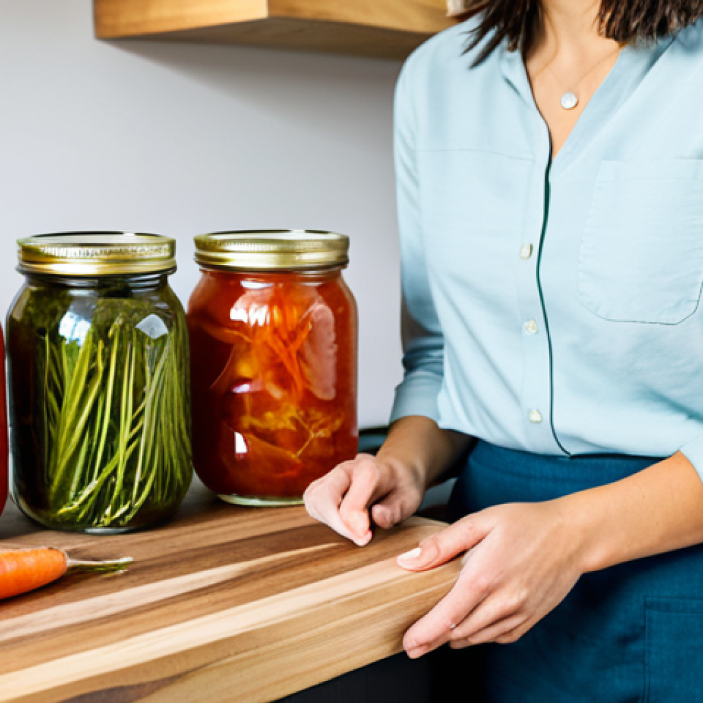 A professional, wholesome image of a person (gender neutral, adult) in a bright, modern kitchen, gently holding a glass jar filled with vibrant homemade fermented vegetables, such as kimchi or sauerkraut. On a rustic wooden countertop, other similar jars are neatly arranged, alongside fresh ingredients like cabbage and carrots, and a refreshing glass of kombucha. The person is fully clothed in modest, appropriate attire, looking calm and engaged with the food. The scene emphasizes gut health and nutritious food in a clean, inviting environment with natural light. Perfect anatomy, correct proportions, natural pose, well-formed hands, proper finger count, natural body proportions. Professional photography, high quality, vibrant colors, soft lighting, safe for work, appropriate content, fully clothed, family-friendly.