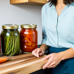 A professional, wholesome image of a person (gender neutral, adult) in a bright, modern kitchen, gently holding a glass jar filled with vibrant homemade fermented vegetables, such as kimchi or sauerkraut. On a rustic wooden countertop, other similar jars are neatly arranged, alongside fresh ingredients like cabbage and carrots, and a refreshing glass of kombucha. The person is fully clothed in modest, appropriate attire, looking calm and engaged with the food. The scene emphasizes gut health and nutritious food in a clean, inviting environment with natural light. Perfect anatomy, correct proportions, natural pose, well-formed hands, proper finger count, natural body proportions. Professional photography, high quality, vibrant colors, soft lighting, safe for work, appropriate content, fully clothed, family-friendly.