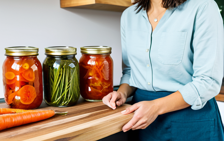 A professional, wholesome image of a person (gender neutral, adult) in a bright, modern kitchen, gently holding a glass jar filled with vibrant homemade fermented vegetables, such as kimchi or sauerkraut. On a rustic wooden countertop, other similar jars are neatly arranged, alongside fresh ingredients like cabbage and carrots, and a refreshing glass of kombucha. The person is fully clothed in modest, appropriate attire, looking calm and engaged with the food. The scene emphasizes gut health and nutritious food in a clean, inviting environment with natural light. Perfect anatomy, correct proportions, natural pose, well-formed hands, proper finger count, natural body proportions. Professional photography, high quality, vibrant colors, soft lighting, safe for work, appropriate content, fully clothed, family-friendly.