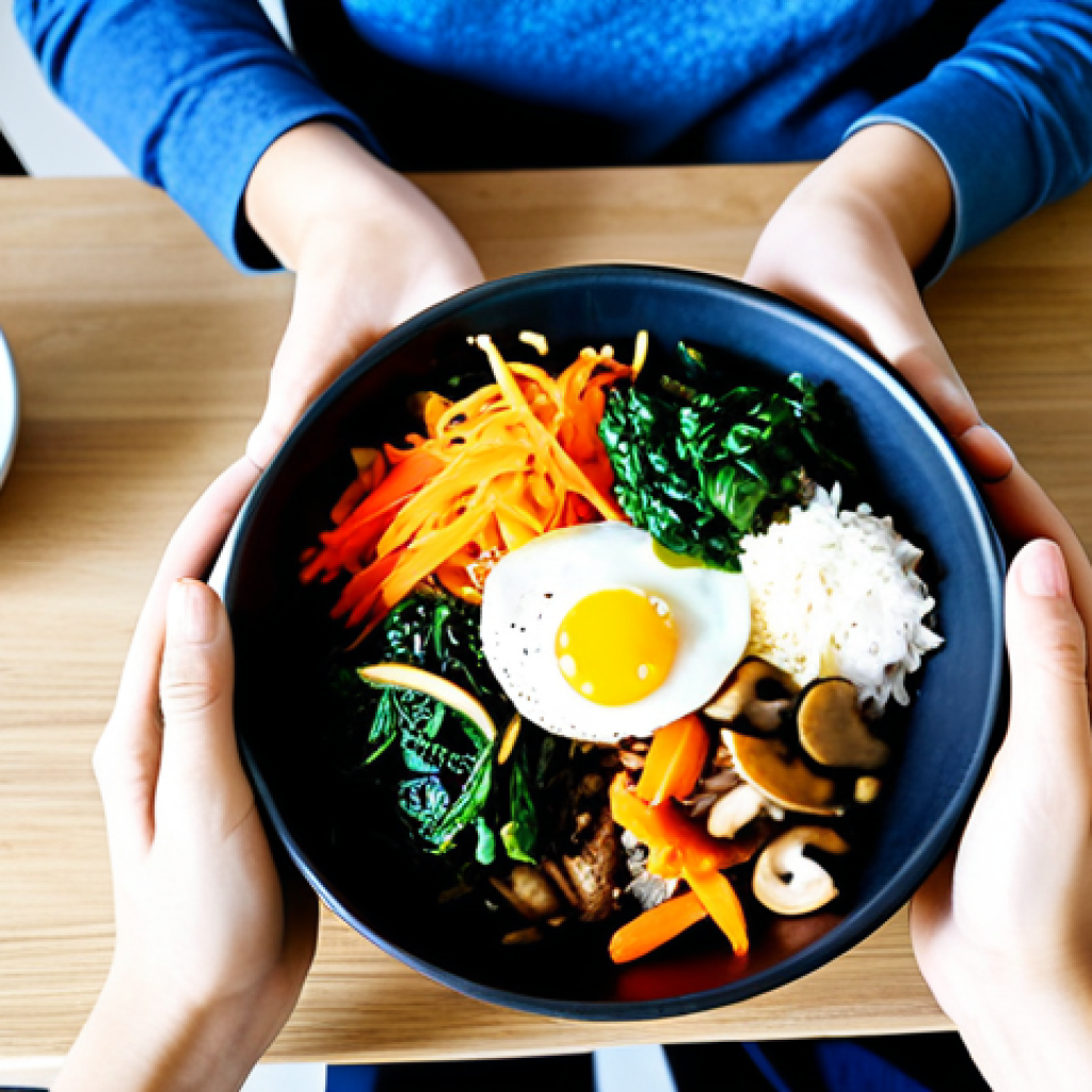 A person sitting at a clean, light-filled dining table, gracefully enjoying a colorful, low-salt Korean Bibimbap. The bowl is filled with vibrant fresh vegetables like spinach, carrots, and mushrooms, artfully arranged around a small portion of lean protein, emphasizing natural flavors. The individual is fully clothed in modest, modern casual attire, with a peaceful and content expression, embodying a sense of healthy well-being. The background suggests a modern, uncluttered Swedish home environment with soft natural light. Professional photography, high resolution, perfect anatomy, correct proportions, natural pose, well-formed hands, proper finger count, natural body proportions, safe for work, appropriate content, fully clothed, modest, family-friendly.