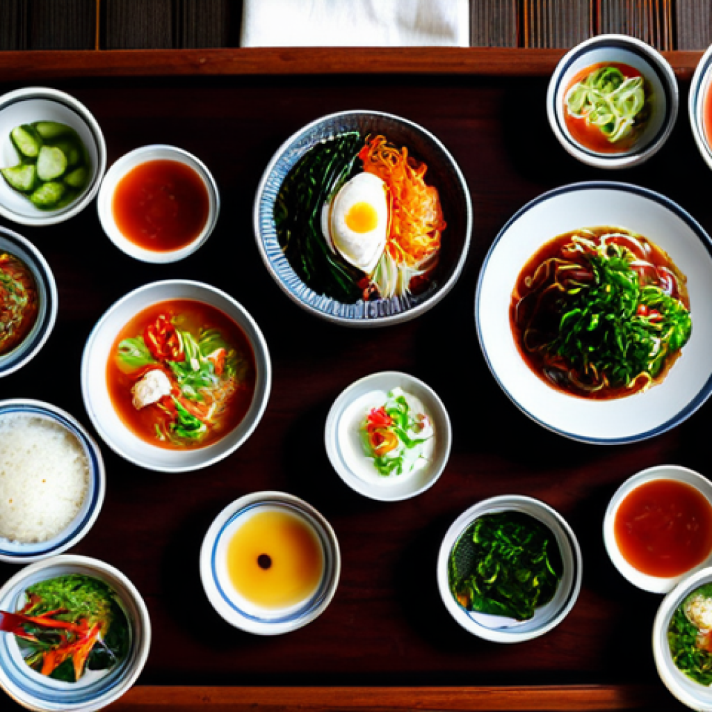 A meticulously arranged Korean Hanjeongsik feast laid out on a traditional dark wooden table. Numerous small, vibrant ceramic bowls filled with diverse, colorful banchan (side dishes), including fresh green vegetables, bright red kimchi, and various textures of savory pancakes. A central bowl of perfectly steamed white rice and a steaming hot pot of traditional Korean soup are prominently displayed. The scene is set in a warm, inviting traditional Korean dining room, with soft natural light illuminating the table. Professional food photography, high resolution, detailed, vibrant colors, depth of field, safe for work, appropriate content, fully clothed, family-friendly, perfect anatomy, natural proportions.