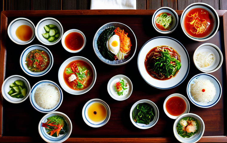 A meticulously arranged Korean Hanjeongsik feast laid out on a traditional dark wooden table. Numerous small, vibrant ceramic bowls filled with diverse, colorful banchan (side dishes), including fresh green vegetables, bright red kimchi, and various textures of savory pancakes. A central bowl of perfectly steamed white rice and a steaming hot pot of traditional Korean soup are prominently displayed. The scene is set in a warm, inviting traditional Korean dining room, with soft natural light illuminating the table. Professional food photography, high resolution, detailed, vibrant colors, depth of field, safe for work, appropriate content, fully clothed, family-friendly, perfect anatomy, natural proportions.