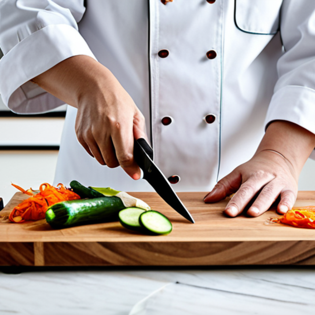 A professional chef, fully clothed in a clean, modest chef's uniform, precisely chopping fresh vegetables on a large, thick traditional Korean acacia wood cutting board. The kitchen is modern, well-lit, and spotlessly clean, with natural light streaming in. A traditional Korean dolsot bowl and kimchi tongs are neatly arranged on a nearby marble counter. The scene emphasizes culinary precision and high-quality craftsmanship. Perfect anatomy, correct proportions, natural pose, well-formed hands, proper finger count, professional photography, high quality, safe for work, appropriate content, fully clothed, family-friendly.