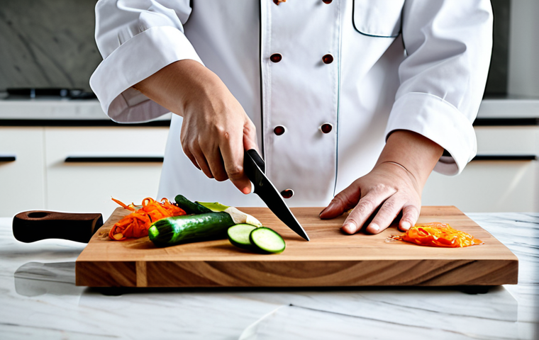 A professional chef, fully clothed in a clean, modest chef's uniform, precisely chopping fresh vegetables on a large, thick traditional Korean acacia wood cutting board. The kitchen is modern, well-lit, and spotlessly clean, with natural light streaming in. A traditional Korean dolsot bowl and kimchi tongs are neatly arranged on a nearby marble counter. The scene emphasizes culinary precision and high-quality craftsmanship. Perfect anatomy, correct proportions, natural pose, well-formed hands, proper finger count, professional photography, high quality, safe for work, appropriate content, fully clothed, family-friendly.