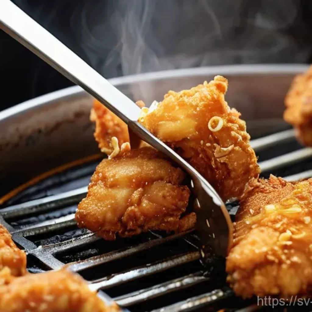 한식 튀김요리 만들기 - A close-up, dynamic shot of multiple pieces of Korean fried chicken, incredibly golden-brown and tex...