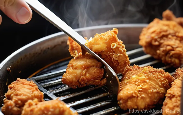 한식 튀김요리 만들기 - A close-up, dynamic shot of multiple pieces of Korean fried chicken, incredibly golden-brown and tex...