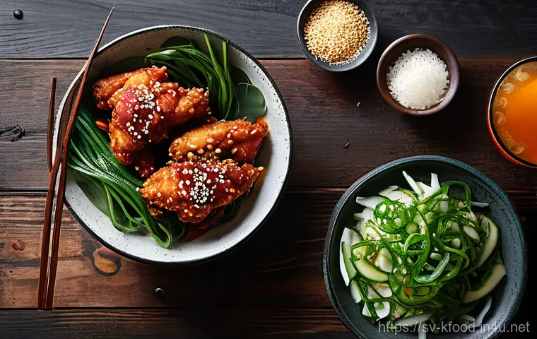 한식 튀김요리 만들기 - A close-up, dynamic shot of multiple pieces of Korean fried chicken, incredibly golden-brown and tex...
