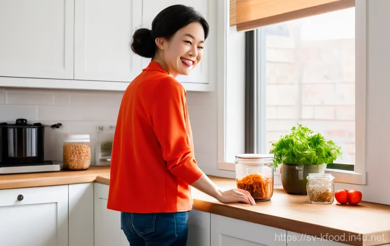 한식 김치 공산품 추천 - Image Prompt 1: The Joy of Convenient Kimchi in a Swedish Kitchen**