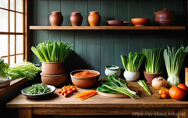 한식 유기농 식재료 추천 - **A vibrant, rustic kitchen scene showcasing the abundance of organic Korean ingredients and the art...