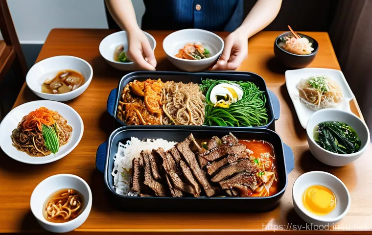 한식 중소기업 밀키트 제품 - **Prompt:** A close-up, artistically composed shot showcasing a selection of high-quality Korean mea...