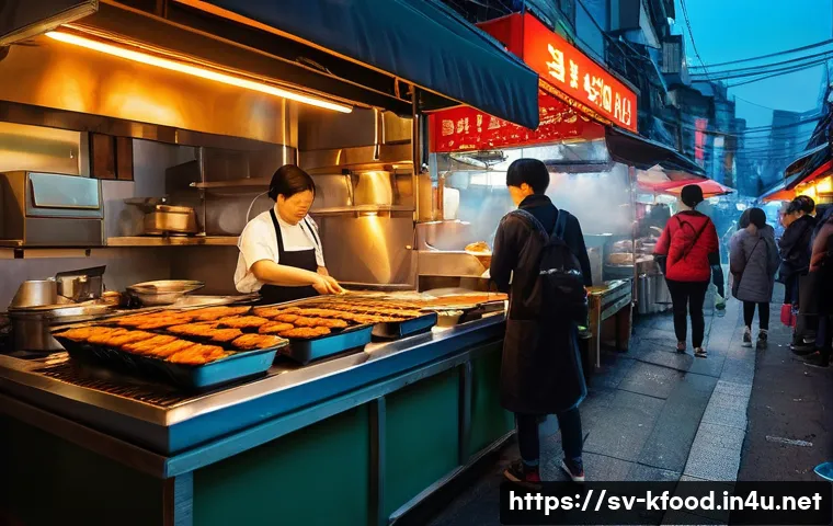 한식의 문화적 상징성 - **Prompt:** A vibrant, high-angle shot of a bustling Korean street food market at dusk. The scene is...