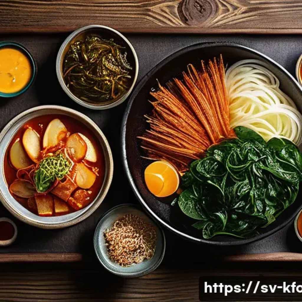 한식 반찬의 세계적 인기 - A vibrant, mouth-watering spread of various Korean Banchan beautifully arranged on a rustic wooden t...