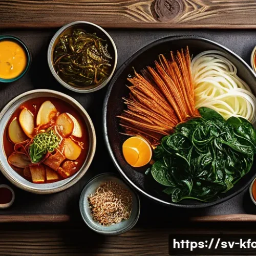 한식 반찬의 세계적 인기 - A vibrant, mouth-watering spread of various Korean Banchan beautifully arranged on a rustic wooden t...
