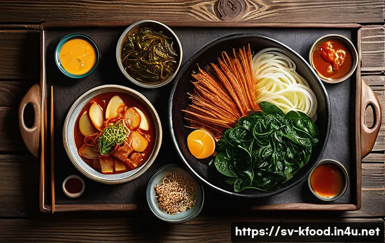한식 반찬의 세계적 인기 - A vibrant, mouth-watering spread of various Korean Banchan beautifully arranged on a rustic wooden t...