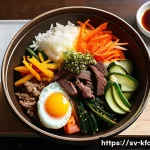 한식 해외 반응 - A vibrant Korean bibimbap bowl set on a rustic wooden table in a cozy Swedish restaurant, featuring ...