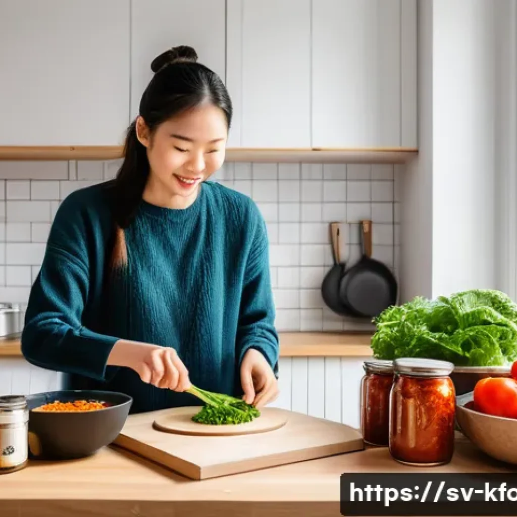 한식 전문 밀키트 브랜드 - A vibrant kitchen scene in a modern Swedish apartment with a young adult preparing a Korean meal kit...