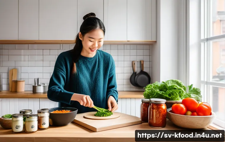 한식 전문 밀키트 브랜드 - A vibrant kitchen scene in a modern Swedish apartment with a young adult preparing a Korean meal kit...
