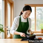 한식 가정간편식 추천 - A cozy Swedish kitchen scene showcasing a young adult woman preparing a quick Korean meal using read...