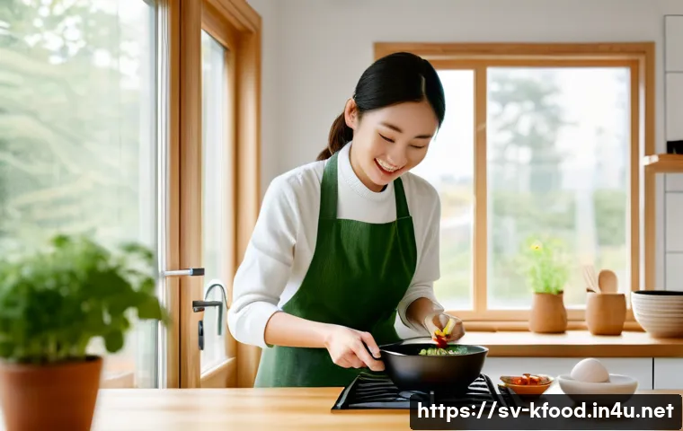 한식 가정간편식 추천 - A cozy Swedish kitchen scene showcasing a young adult woman preparing a quick Korean meal using read...
