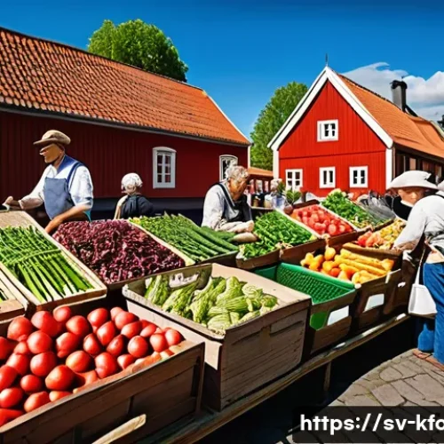 한식의 친환경 식재료 활용 - A vibrant farmer&rsquo;s market scene in a Swedish town during early summer, featuring fresh, colorful loc...