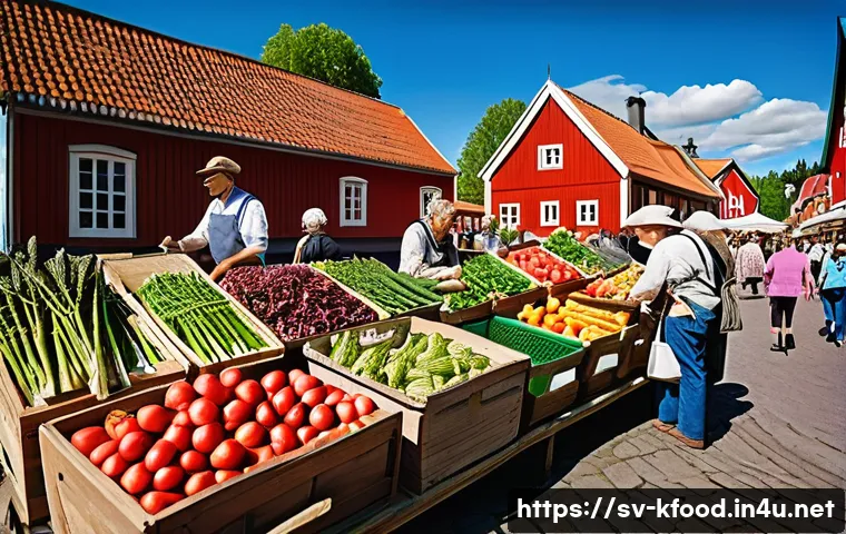 한식의 친환경 식재료 활용 - A vibrant farmer&rsquo;s market scene in a Swedish town during early summer, featuring fresh, colorful loc...