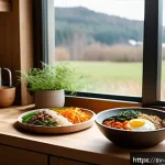 한식 문화 콘텐츠 활용 - A vibrant and cozy modern Swedish kitchen scene featuring a young adult cooking bibimbap with a Scan...