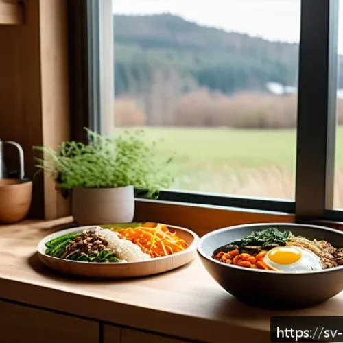 한식 문화 콘텐츠 활용 - A vibrant and cozy modern Swedish kitchen scene featuring a young adult cooking bibimbap with a Scan...