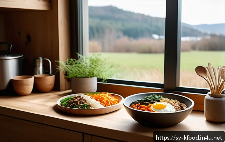 한식 문화 콘텐츠 활용 - A vibrant and cozy modern Swedish kitchen scene featuring a young adult cooking bibimbap with a Scan...