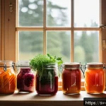 한식 김치 종류와 영양 정보 - A vibrant Swedish kitchen scene featuring a diverse assortment of homemade kimchi jars on a rustic w...