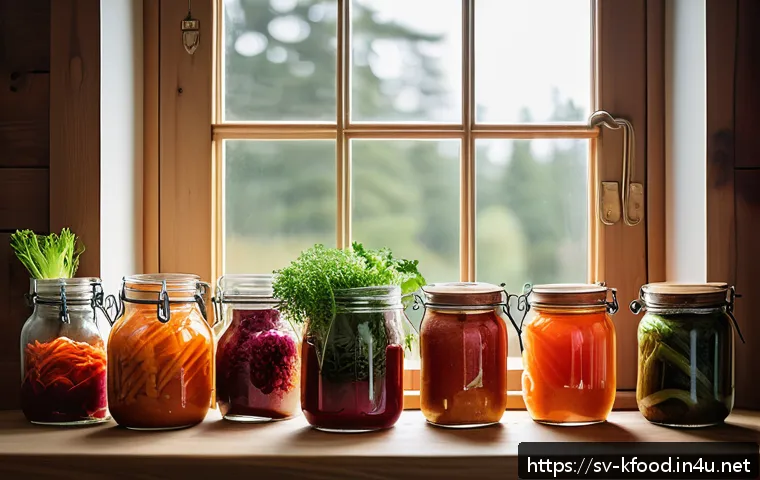 한식 김치 종류와 영양 정보 - A vibrant Swedish kitchen scene featuring a diverse assortment of homemade kimchi jars on a rustic w...