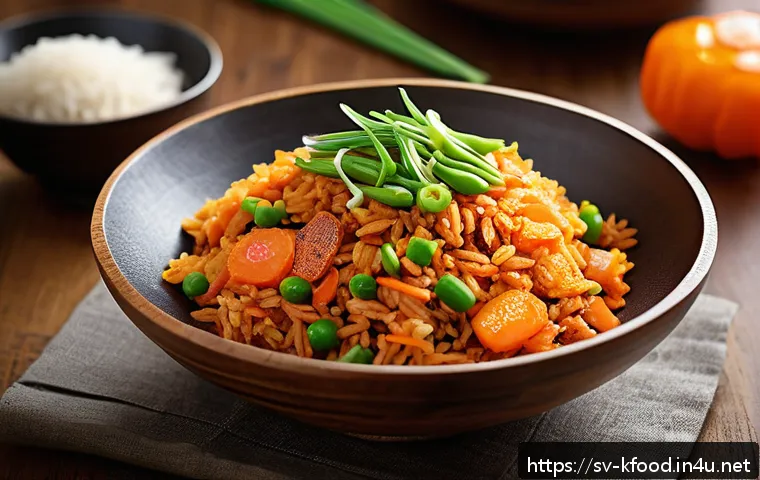 한식 테이크아웃 추천 메뉴 - A vibrant Korean kimchi fried rice dish served in a rustic ceramic bowl, featuring bright orange-red...