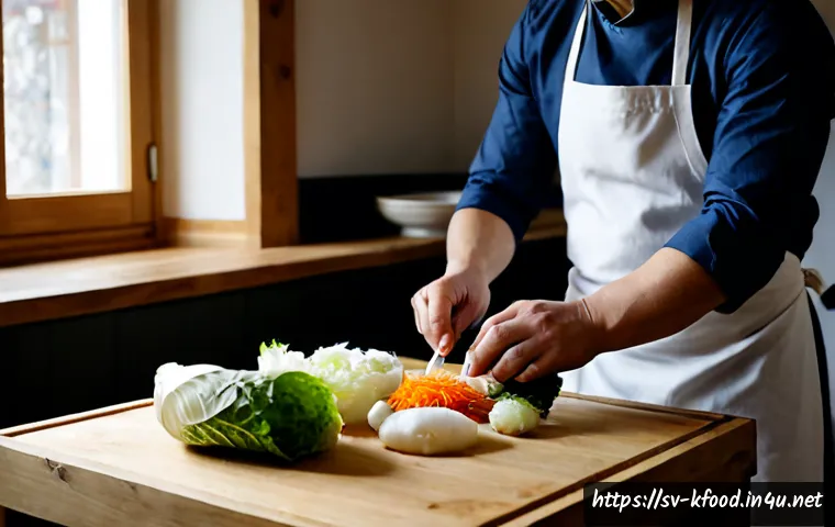 Home 17 한식 명인의 요리법 - Photorealistic Swedish home kitchen, an experienced chef in a crisp white apron carefully preparing ...