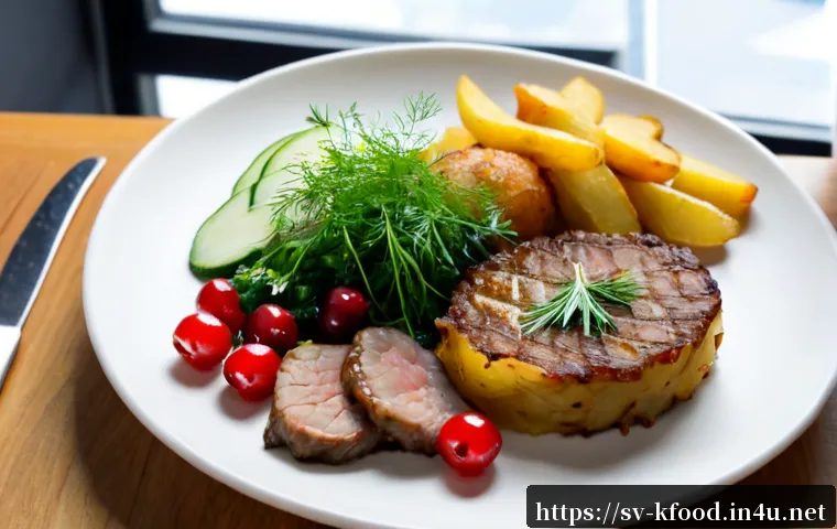 Home 17 퓨전 한식 메뉴 소개 - Photorealistic Swedish-Korean fusion lunch plate in a bright Stockholm-style bistro: crisp potato rö...